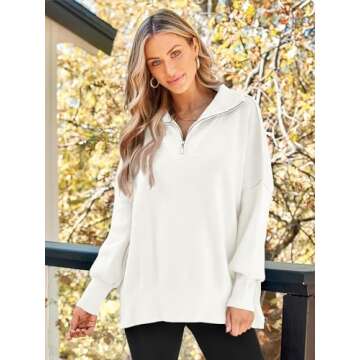 LILLUSORY Women's Oversized Sweaters 2024 Fall Fashion Zipper Up Collared Sweatshirts Knit Pullover Tops Outfits Clothes White S