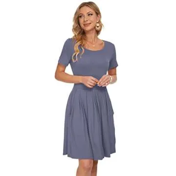 AUSELILY Women's Short Sleeve Summer Dress Pleated Loose Swing Knee Length Dresses with Pockets 2025 New Purple Gray M
