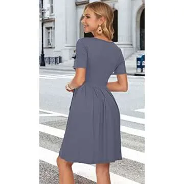 AUSELILY Women's Short Sleeve Summer Dress Pleated Loose Swing Knee Length Dresses with Pockets 2025 New Purple Gray M