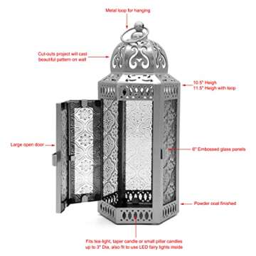 CVHOMEDECO. Decorative Candle Lantern Moroccan Lanterns Vintage Black Metal Lantern Holder for Home Patio Outdoor Decor. Clear Glass, Medium