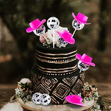 60Pcs Disco Cowgirl Pary Cake Decoration, 20Pcs Disco Ball Cup Toppers 10Pcs Mini Pink Cowgirl Hats 10Pcs Cow Print Cowboy Hats Westen Cowgirl Party Birthday Table Decor (pink hat)