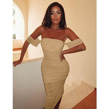 HOCILLE Women's Sexy Ruched Bodycon Dress Party Wear