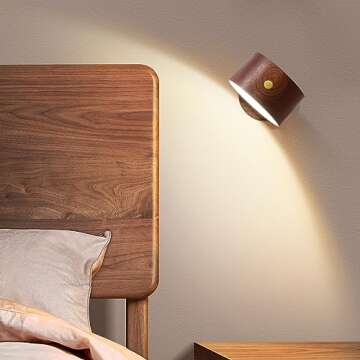 LANDGOO Wooden LED Wall Sconce Set of 2, 360° Rotatable Dimmable Wall Lights Rechargeable Battery Operated Magnetic Night Light for Reading Light Household Bedside Lighting (Sapele Wood 2PCS)