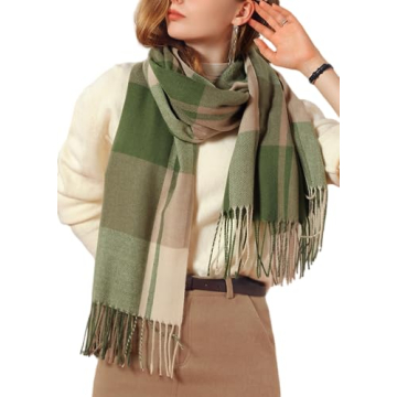 Wander Agio Women's Fashion Scarves - Long Cashmere Like Shawl in Green Plaid