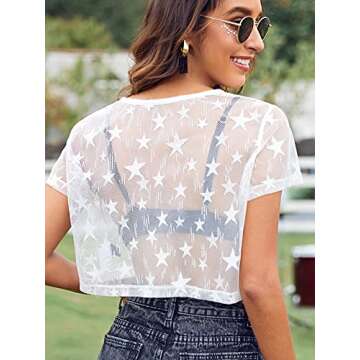 MakeMeChic Women's Star Sheer Mesh Crop Top Short Sleeve Cover Up White L