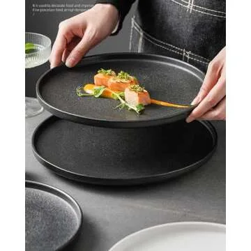 Lareina Dinner Plates, Scratch-resistant, 10.25 Inch Flat Ceramic Plate Set of 4, Porcelain Plates with Lipped Edge for Salad Steak in Kitchen Restaurant, Natural Primitive Texture (Cast Iron Black)