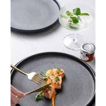 Lareina Dinner Plates, Scratch-resistant, 10.25 Inch Flat Ceramic Plate Set of 4, Porcelain Plates with Lipped Edge for Salad Steak in Kitchen Restaurant, Natural Primitive Texture (Cast Iron Black)