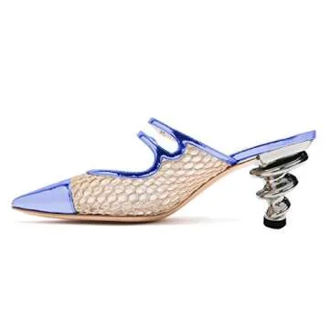 YDN Chic Spiral Thick Mid Heels Pumps Pointed Toe Slip On Mules Clogs Mesh Cutout Sandals Women Shoes Blue 4