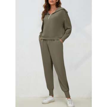 Meladyan Women's 2 Piece Half Zip Long Sleeve Lapel Sweatshirt High Waist Sweatpant SweatSuit Outfit Set, Coffee Grey, Small