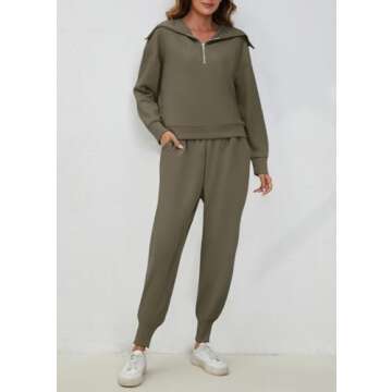 Meladyan Women's 2 Piece Half Zip Long Sleeve Lapel Sweatshirt High Waist Sweatpant SweatSuit Outfit Set, Coffee Grey, Small