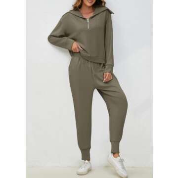 Meladyan Women's 2 Piece Half Zip Long Sleeve Lapel Sweatshirt High Waist Sweatpant SweatSuit Outfit Set, Coffee Grey, Small