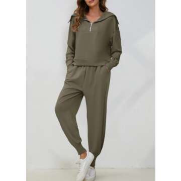 Meladyan Women's 2 Piece Half Zip Long Sleeve Lapel Sweatshirt High Waist Sweatpant SweatSuit Outfit Set, Coffee Grey, Small