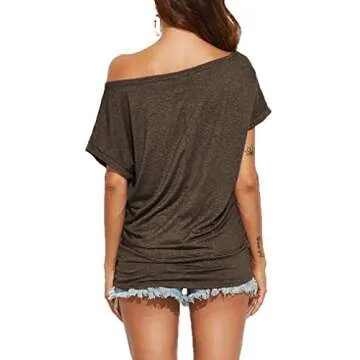 Poetsky Women's Summer Casual Boat Neck Short Sleeve Off Shoulder Solid Loose Blouse Top Brown XL