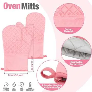 Sumind Oven Mitts and Pot Holders 7 Sets, Heat Resistant Kitchen Gloves Pads Potholders for Valentine Women Gifts Cotton Pot Holders Kitchen Accessories Gift for Cooking Baking(Pink,Rubber)