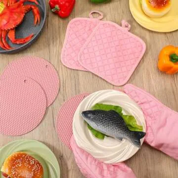 Sumind Oven Mitts and Pot Holders 7 Sets, Heat Resistant Kitchen Gloves Pads Potholders for Valentine Women Gifts Cotton Pot Holders Kitchen Accessories Gift for Cooking Baking(Pink,Rubber)