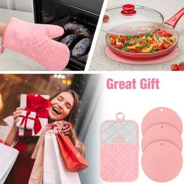 Sumind Oven Mitts and Pot Holders 7 Sets, Heat Resistant Kitchen Gloves Pads Potholders for Valentine Women Gifts Cotton Pot Holders Kitchen Accessories Gift for Cooking Baking(Pink,Rubber)