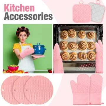 Sumind Oven Mitts and Pot Holders 7 Sets, Heat Resistant Kitchen Gloves Pads Potholders for Valentine Women Gifts Cotton Pot Holders Kitchen Accessories Gift for Cooking Baking(Pink,Rubber)