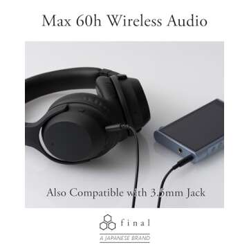 Final UX2000 Bluetooth Wireless Headphones, Hi-Fi Sound Quality, Hybrid Noise Cancelling, Maximum 35 Hours Music Playback, aptX Low Latency, Multipoint Connection, Designed in Japan (Black)