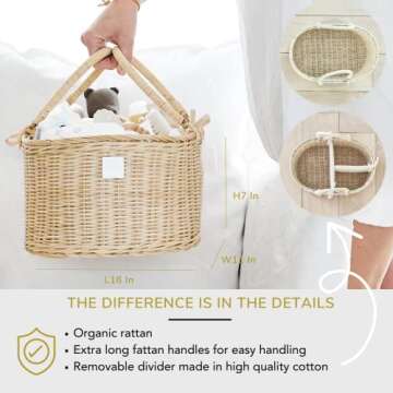 BEBE BASK Premium Baby Diaper Caddy Organizer - Handmade Rattan Basket With Cotton Divider - Award-Winning & Luxury Diaper Caddy Basket - (SAVANNAH)