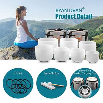 RYAN DVAN 7-12 Inch Set of 7 Frosted Quartz Crystal Singing Bowl Chakra Set with Free 2 pcs Carrying Case