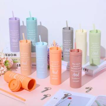 Mumufy 20 Pcs Thank You Gifts Set 16oz Skinny Tumbler with Lid and Straw Inspirational Keychains, Appreciation Gifts with Motivational Quotes for Employees Teachers Coworkers (Bright Color)