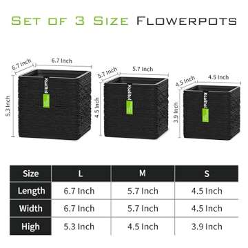 Ksalltol Flower Pot, 6.7/5.7/4.5 Inches, 3 Piece Set, Outdoor/Indoor Flower Pot, Polyethylene 3D Carved Handmade, Black
