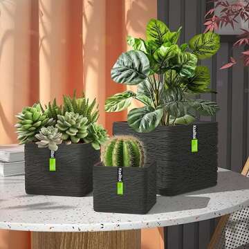 Ksalltol Flower Pot, 6.7/5.7/4.5 Inches, 3 Piece Set, Outdoor/Indoor Flower Pot, Polyethylene 3D Carved Handmade, Black