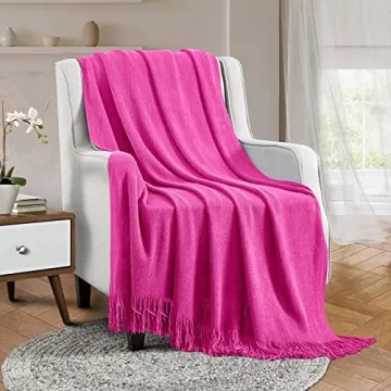 Vonty Hot Pink Knitted Blanket with Tassels Fringe