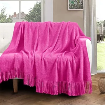 Vonty Hot Pink Knitted Blanket with Tassels Fringe