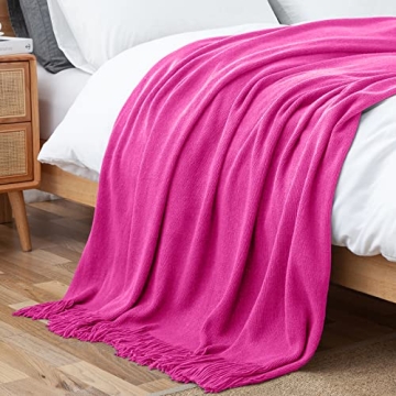 Vonty Hot Pink Knitted Blanket with Tassels Fringe