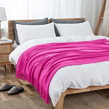 Vonty Hot Pink Knitted Blanket with Tassels Fringe