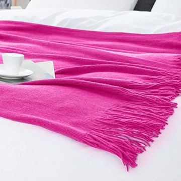 Vonty Hot Pink Knitted Blanket with Tassels Fringe