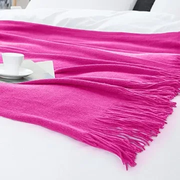 Vonty Hot Pink Knitted Blanket with Tassels Fringe