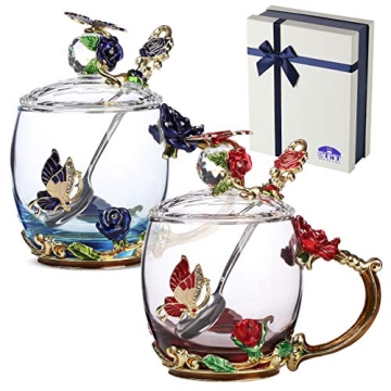 BTaT Floral Glass Tea Cups with Lids - Set of 2 Elegant Flower Design