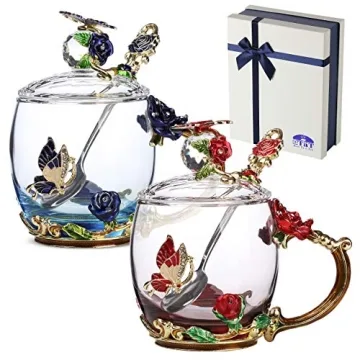 BTaT Floral Glass Tea Cups with Lids - Set of 2 Elegant Flower Design