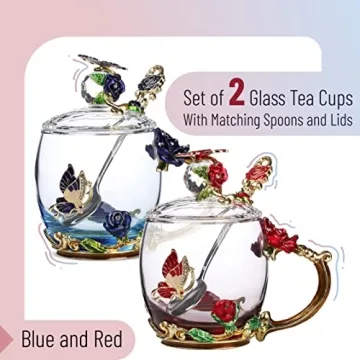 BTaT Floral Glass Tea Cups with Lids - Set of 2