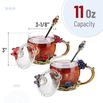 BTaT Floral Glass Tea Cups with Lids - Set of 2