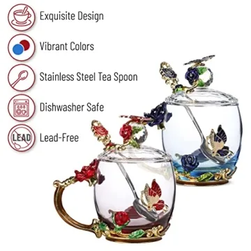 BTaT Floral Glass Tea Cups with Lids - Set of 2