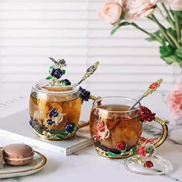 BTaT Floral Glass Tea Cups with Lids - Set of 2