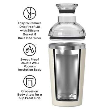 OGGI Groove Insulated Cocktail Shaker-16oz Double Wall Vacuum Insulated Stainless Steel Shaker, Tritan Lid has Built In Strainer, Ideal Cocktail Mixer, Martini Shaker, Margarita Shaker, Charcoal