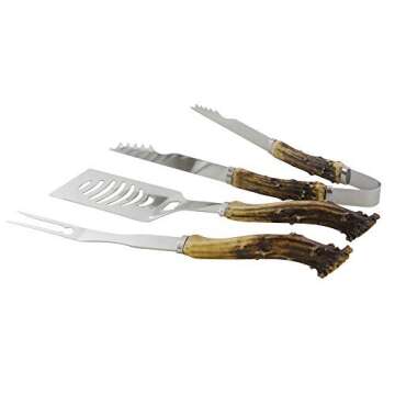 3 Piece Antler Grilling Utensil Set - Hunting Gifts for Dad, for Country Men, Hunting Cabin Accessories, Deer Themed Gifts, Unique Barbecue Gifts, Grilling Utensils for Men
