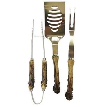3 Piece Antler Grilling Utensil Set - Hunting Gifts for Dad, for Country Men, Hunting Cabin Accessories, Deer Themed Gifts, Unique Barbecue Gifts, Grilling Utensils for Men