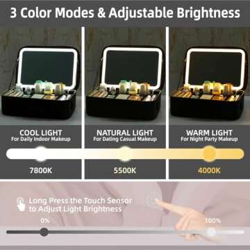 saiggnyy 15“×11“Professional Makeup Train Case,Large Waterproof Travel Makeup bag with Mirror and Light, Leather Black Make up Bag with Mirror and Light,Led Makeup Case with Adjustable Dividers