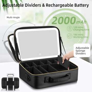 saiggnyy 15“×11“Professional Makeup Train Case,Large Waterproof Travel Makeup bag with Mirror and Light, Leather Black Make up Bag with Mirror and Light,Led Makeup Case with Adjustable Dividers