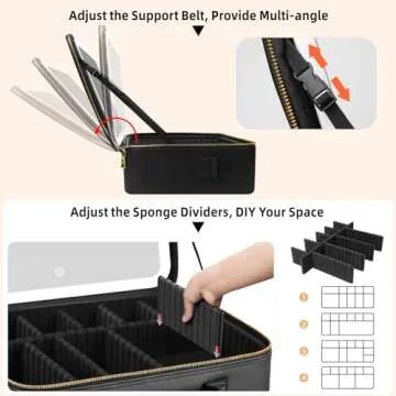 saiggnyy 15“×11“Professional Makeup Train Case,Large Waterproof Travel Makeup bag with Mirror and Light, Leather Black Make up Bag with Mirror and Light,Led Makeup Case with Adjustable Dividers