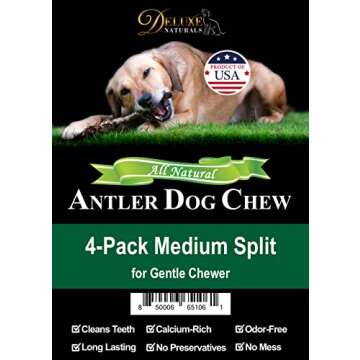 Deluxe Naturals Elk Antler Chews for Dogs | Naturally Shed USA Collected Elk Antlers | All Natural A-Grade Premium Elk Antler Dog Chews | Product of USA, 4-Pack Medium Split