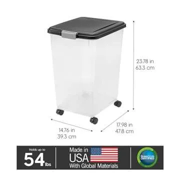 IRIS USA Airtight Dog Food Storage Container, Up to 54 lbs, Attachable Wheels, For Dog Cat Bird and Other Pet Food Storage Bin, Keep Fresh, Translucent Body, Easy Mobility, Black