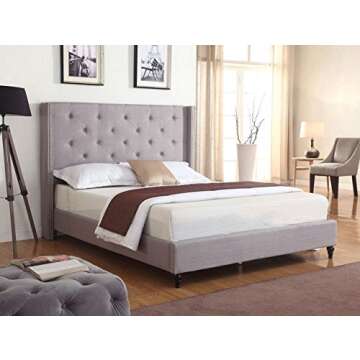Homelife Queen Size Platform Bed Frame Linen Fabric Durable - 51-Inch Upholstered Headboard - Light ...