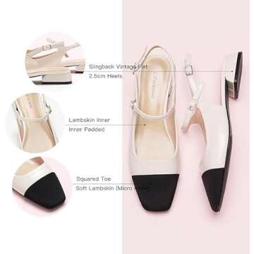 C.Paravano Women's Slingback Flats | Square Toe Slingback Flats for Women | Block Heel Slingback Sandals | Adjustable Ankle Strap Shoes(Size 9,White)