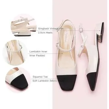 C.Paravano Women's Slingback Flats | Square Toe Slingback Flats for Women | Block Heel Slingback Sandals | Adjustable Ankle Strap Shoes(Size 9,White)